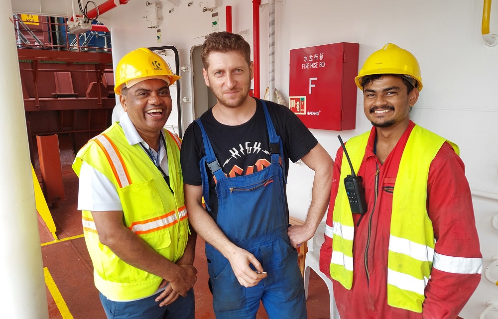 Father Valan with two seafarers, Container Terminals, HK